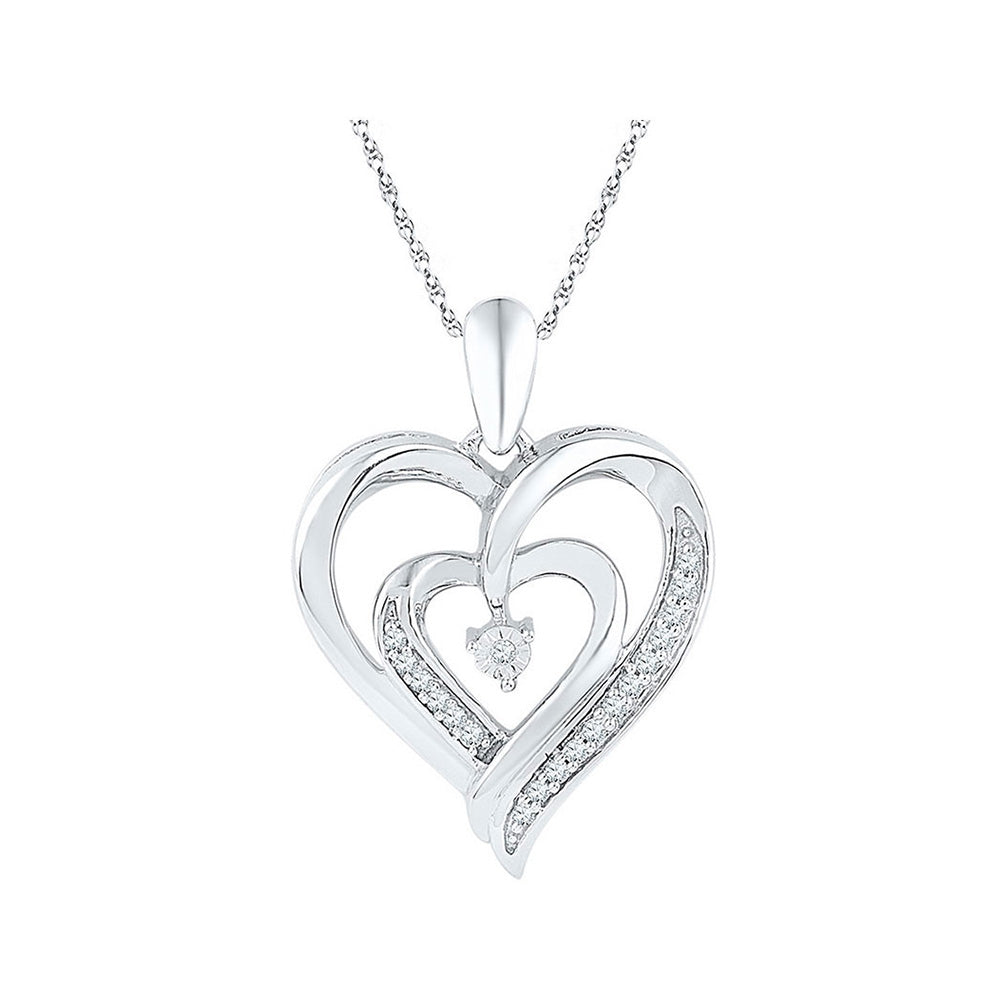 Sterling Silver Womens Round Diamond Double Nested Heart Pendant 1/10 Cttw