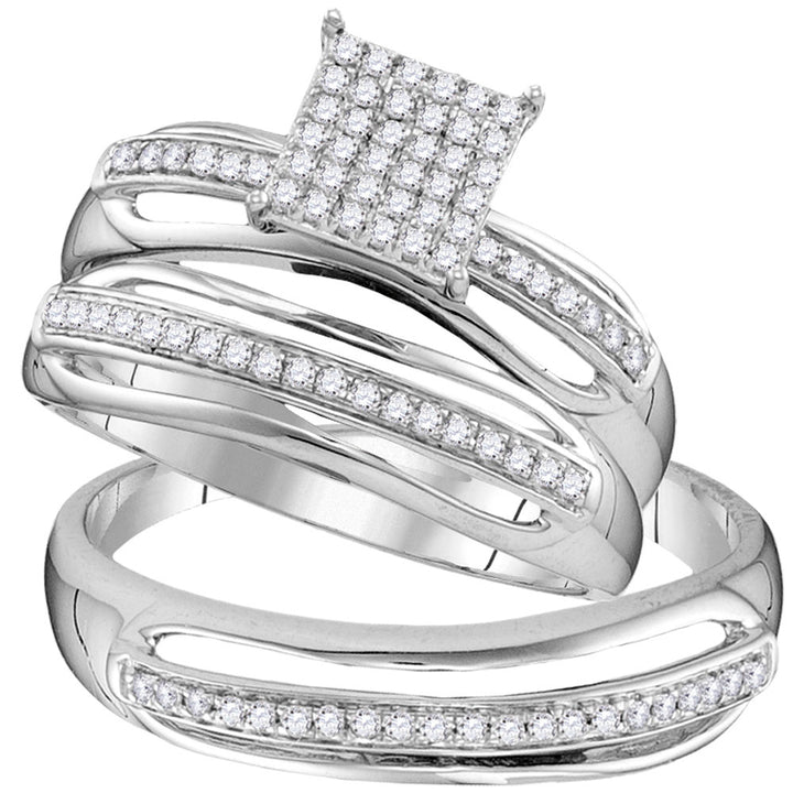 10kt White Gold His Hers Round Diamond Cluster Matching Wedding Set 1/3 Cttw