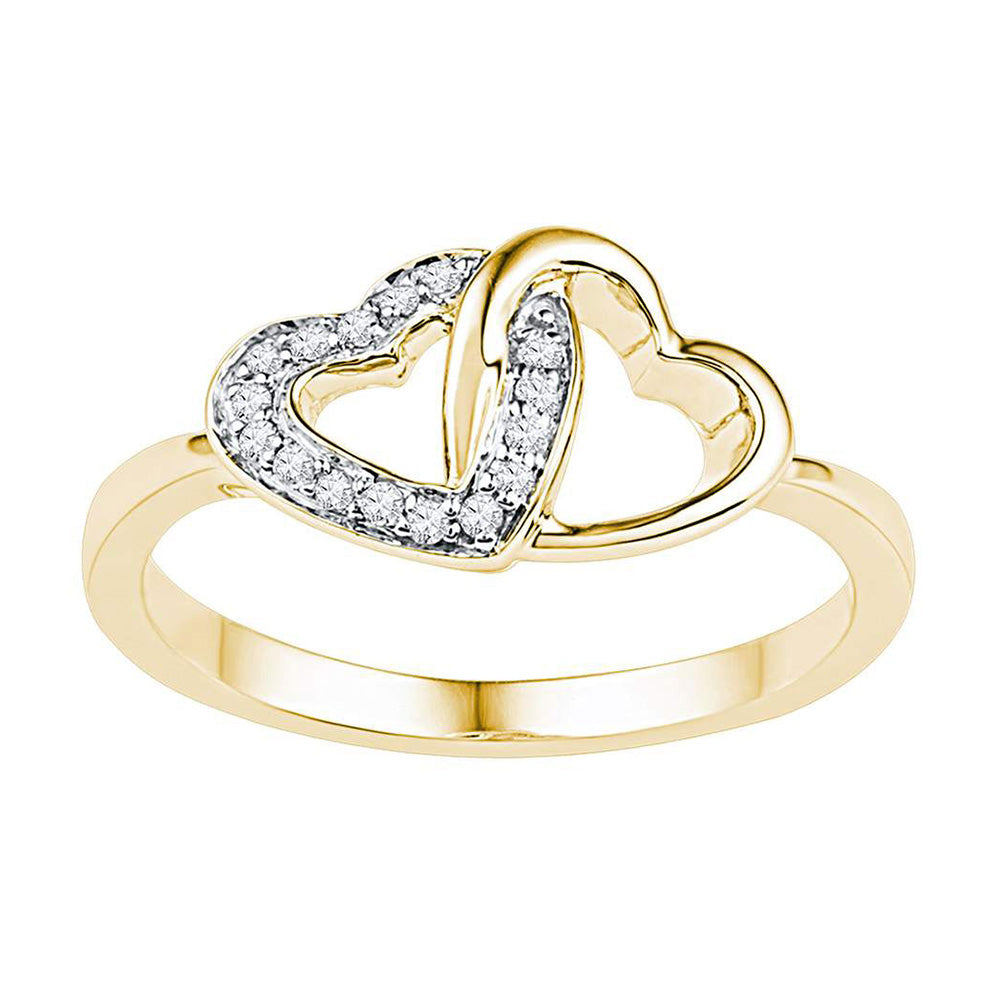 10kt Yellow Gold Womens Round Diamond Double Locked Heart Ring 1/12 Cttw