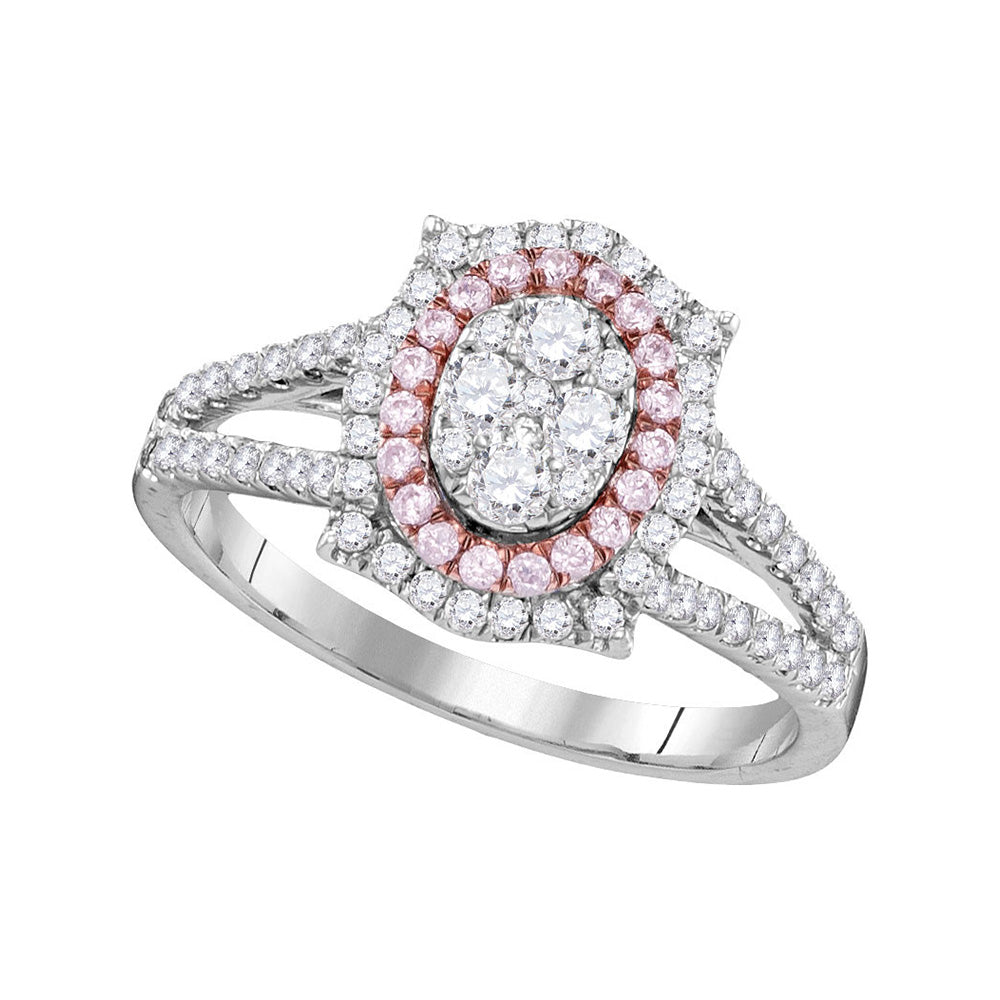 14kt White Gold Womens Round Pink Diamond Oval Cluster Ring 3/4 Cttw