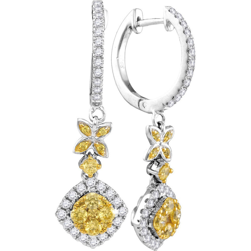 14kt White Gold Womens Round Yellow Diamond Cocktail Dangle Earrings 1 Cttw