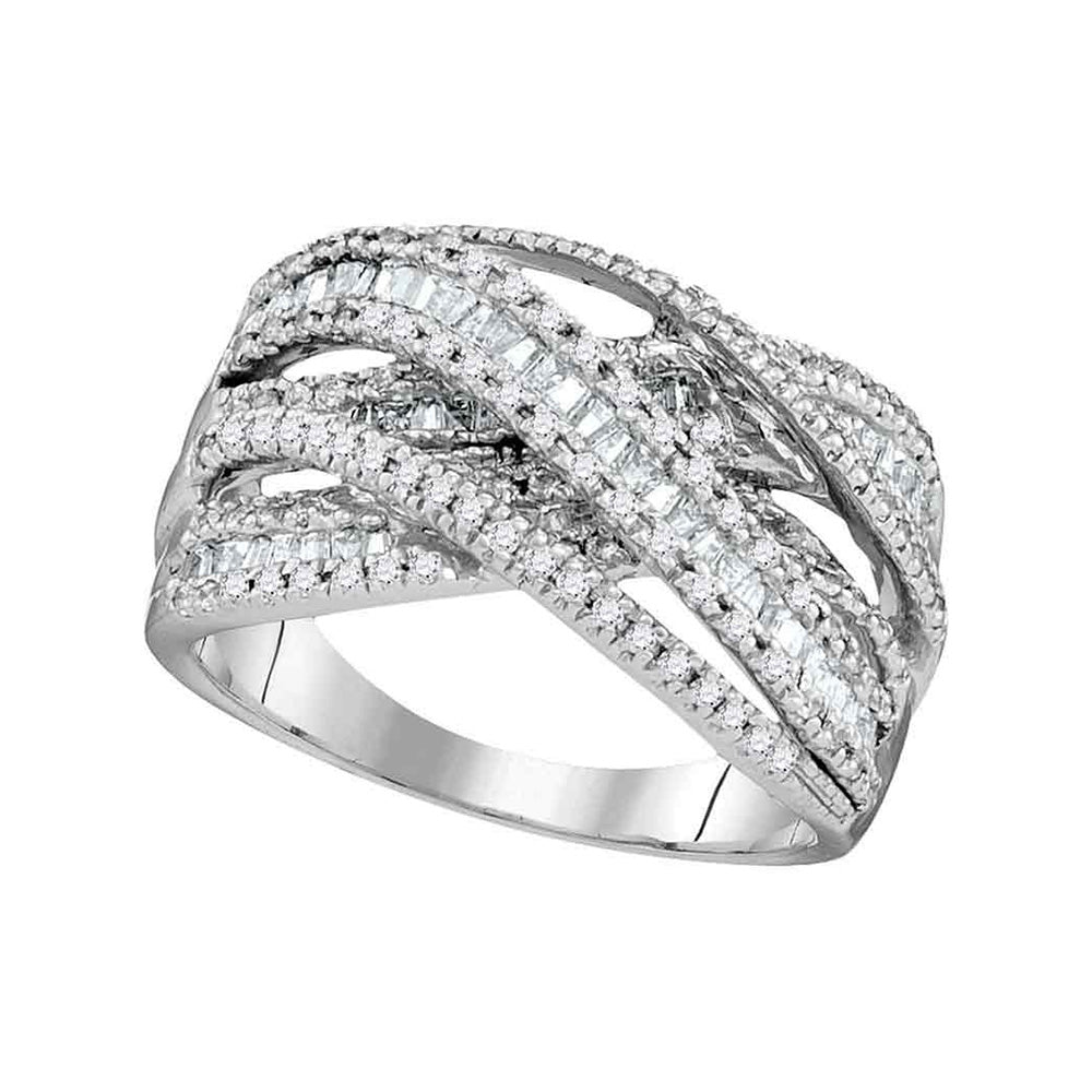 10kt White Gold Womens Round Baguette Diamond Crossover Fashion Band Ring 1 Cttw