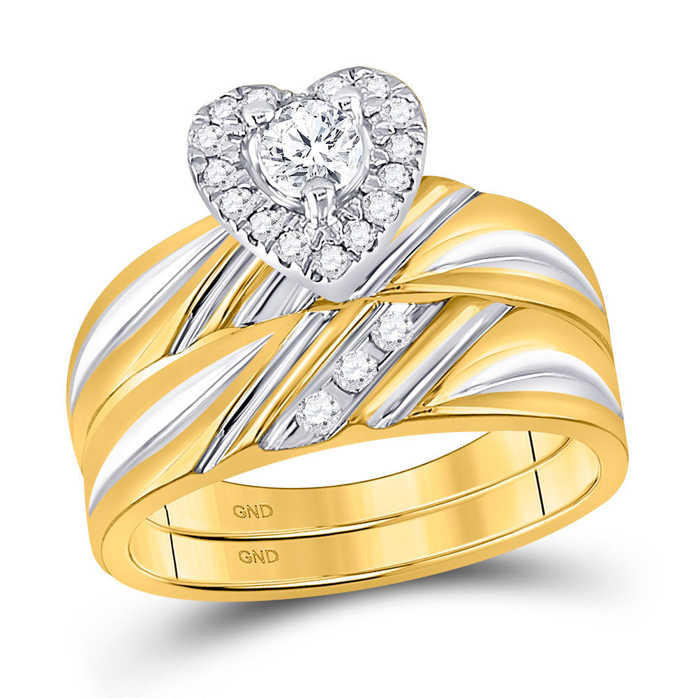10kt Yellow Gold His Hers Round Diamond Heart Matching Wedding Set 3/8 Cttw