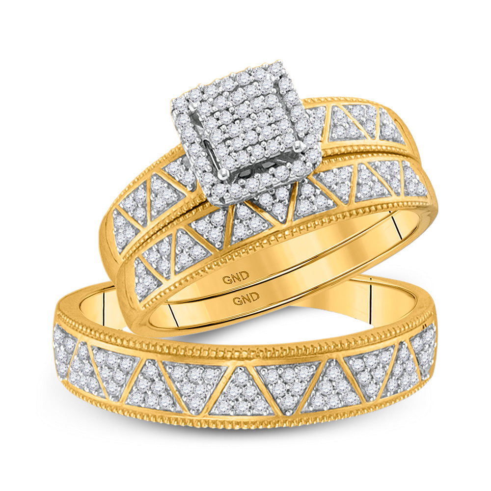 10kt Yellow Gold His Hers Round Diamond Square Matching Wedding Set 1/2 Cttw