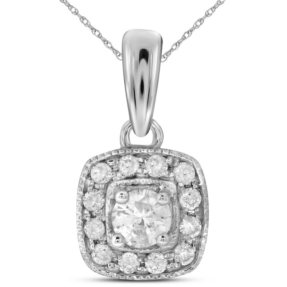 14kt White Gold Womens Round Diamond Solitaire Square Halo Pendant 1/4 Cttw