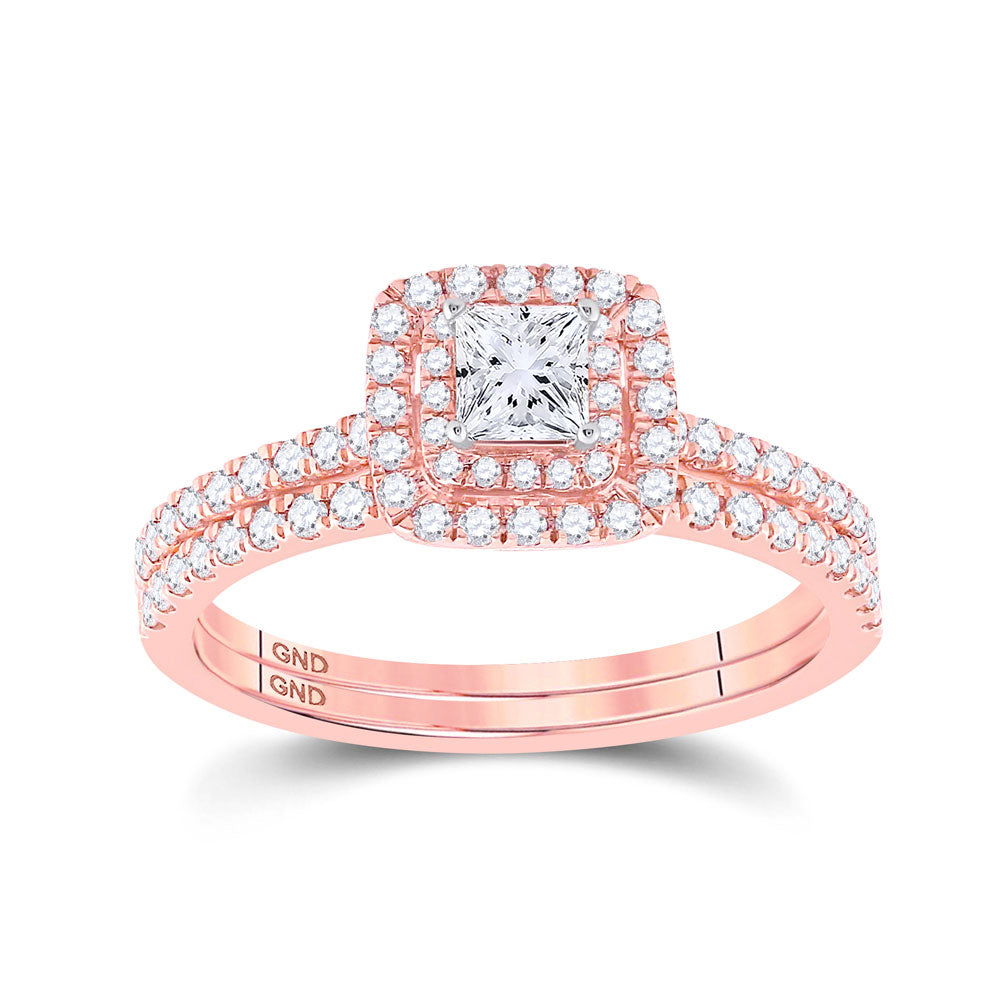 10kt Rose Gold Princess Diamond Bridal Wedding Ring Band Set 3/4 Cttw