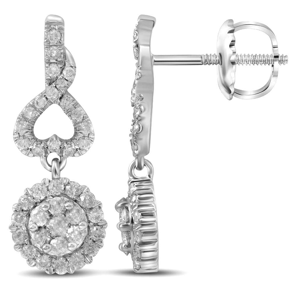 14kt White Gold Womens Round Diamond Cluster Dangle Earrings 1 Cttw