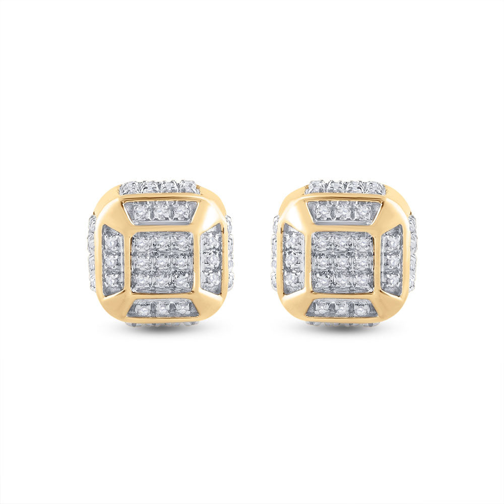 10kt Yellow Gold Mens Round Diamond Cushion Cluster Earrings 1/4 Cttw