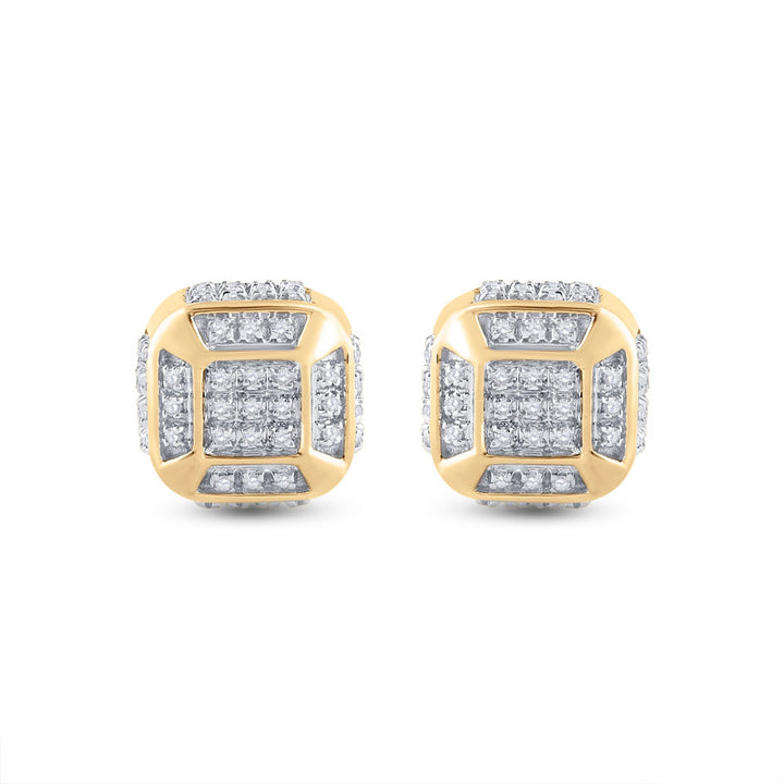 10kt Yellow Gold Mens Round Diamond Cushion Cluster Earrings 1/4 Cttw