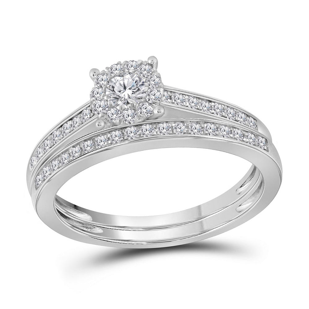 14kt White Gold Round Diamond Slender Halo Bridal Wedding Ring Band Set 1/2 Cttw