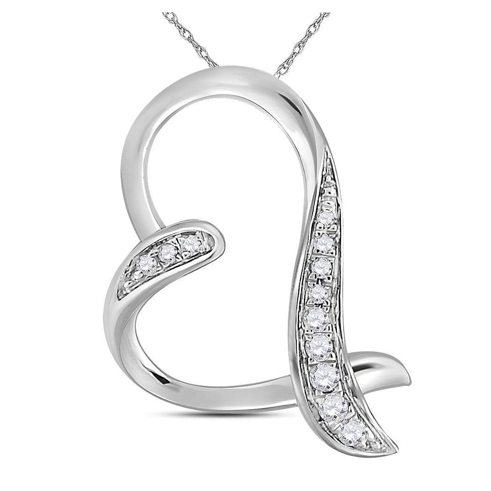 10kt White Gold Womens Round Diamond Heart Pendant 1/20 Cttw