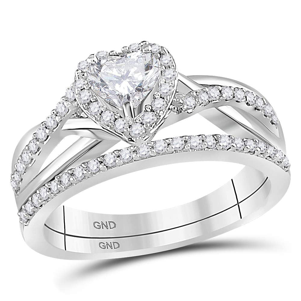 14kt White Gold Heart Diamond Bridal Wedding Ring Band Set 7/8 Cttw