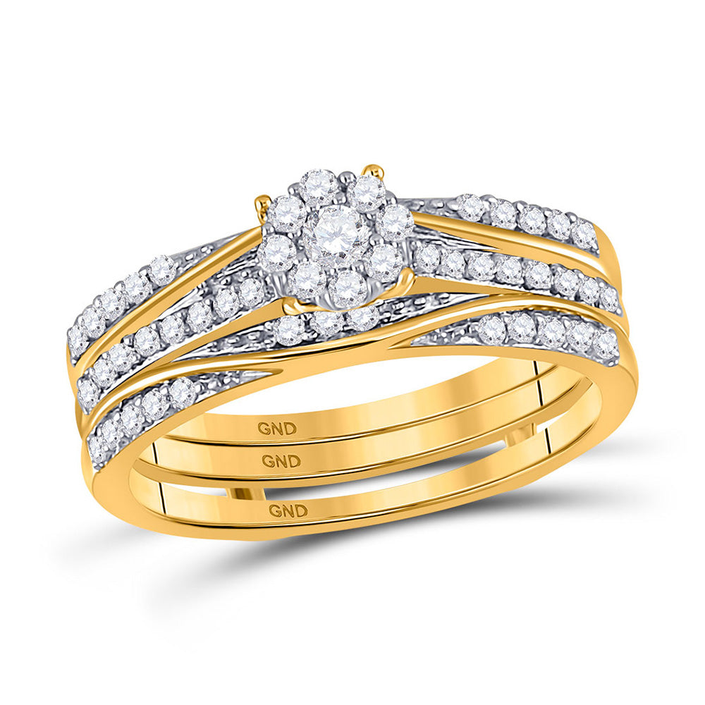 10kt Yellow Gold Round Diamond 3-Piece Bridal Wedding Ring Band Set 1/2 Cttw