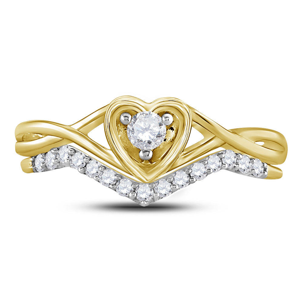 10kt Yellow Gold Round Diamond Heart Bridal Wedding Ring Band Set 1/4 Cttw