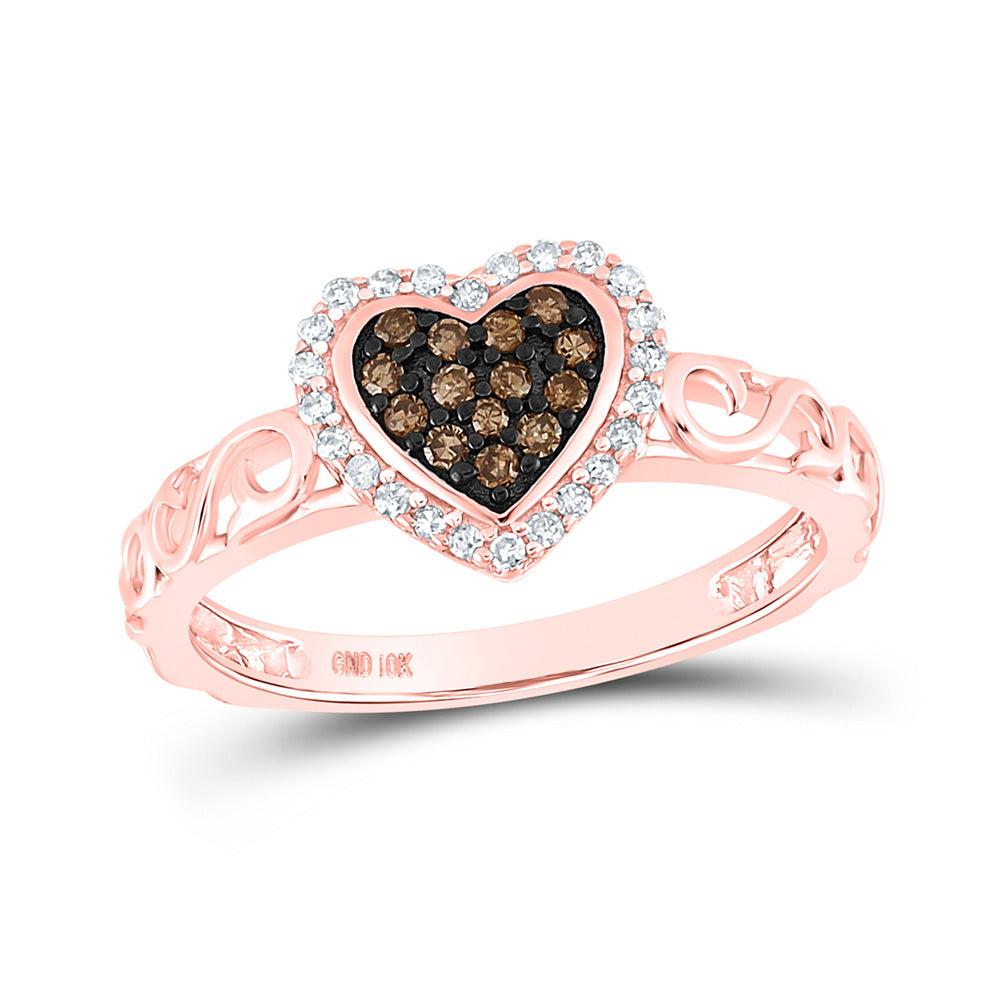 10kt Rose Gold Womens Round Brown Diamond Heart Ring 1/4 Cttw