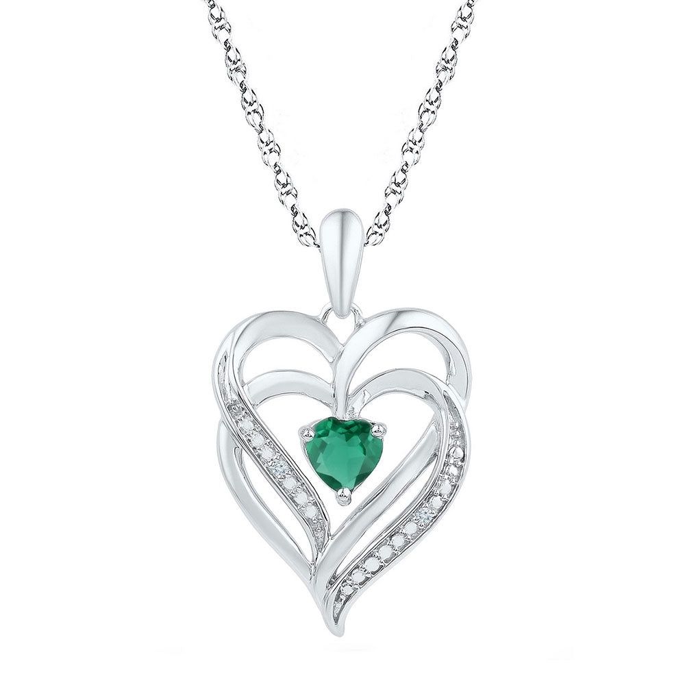 Sterling Silver Womens Round Lab-Created Emerald Heart Pendant 5/8 Cttw