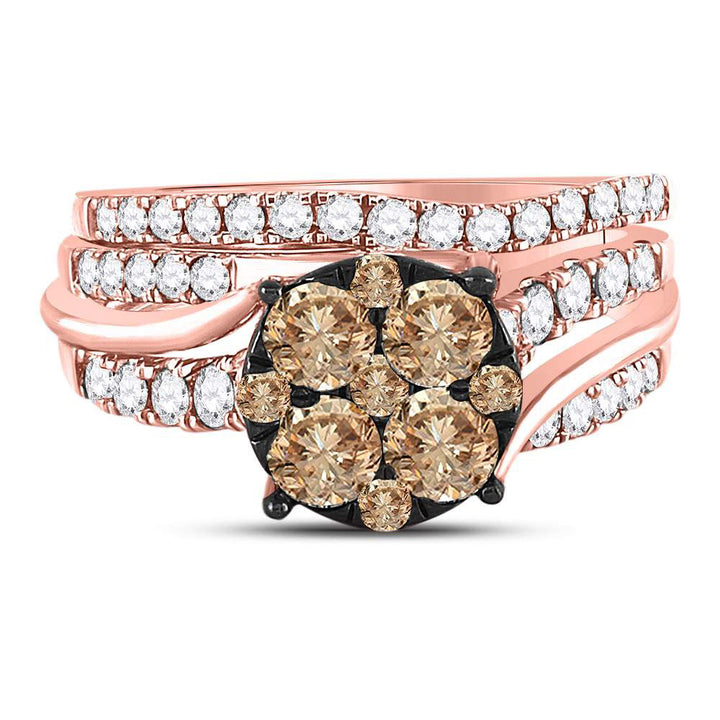 14kt Rose Gold Womens Round Brown Diamond Bridal Wedding Ring Band Set 1-1/2 Cttw