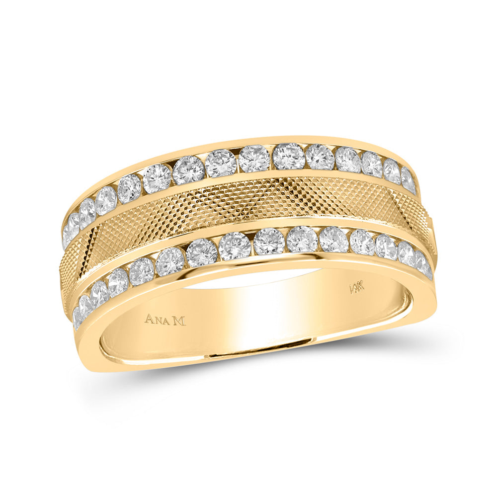 14kt Yellow Gold Mens Round Diamond Double Row Textured Wedding Band Ring 1 Cttw