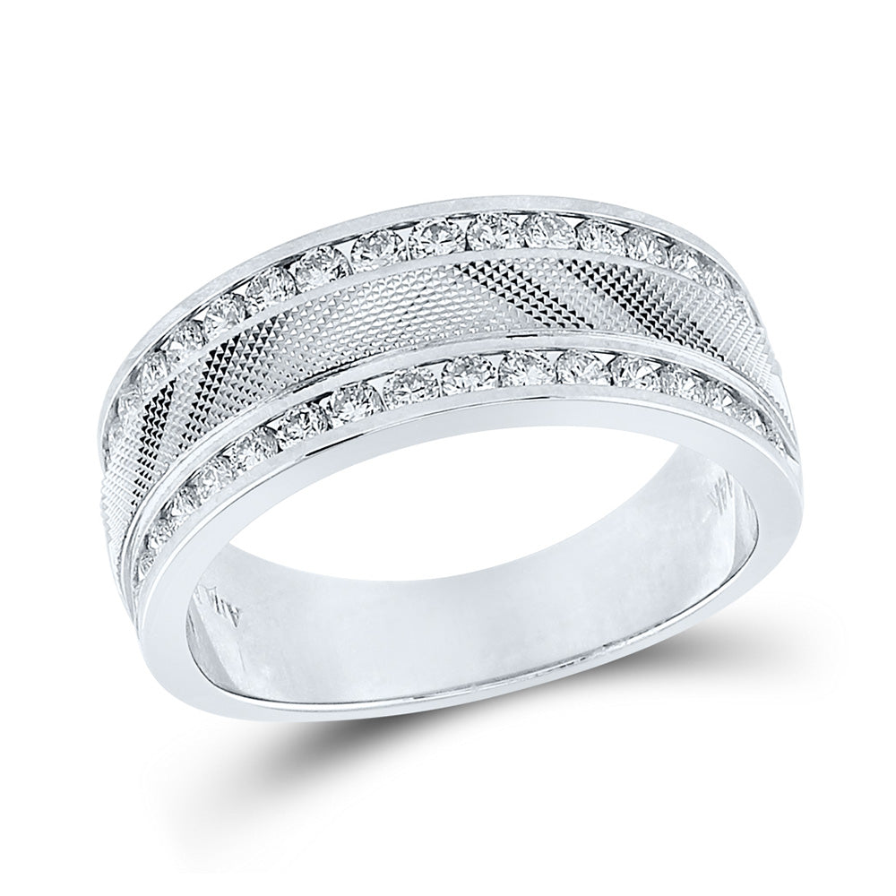 14kt White Gold Mens Round Diamond Double Row Textured Wedding Band Ring 1 Cttw