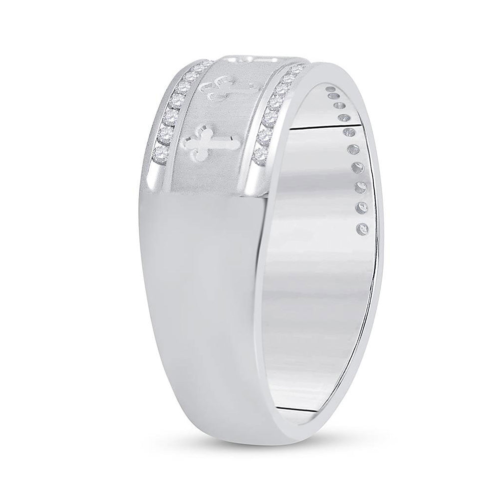 14kt White Gold Mens Round Diamond Wedding Cross Band Ring 1/4 Cttw