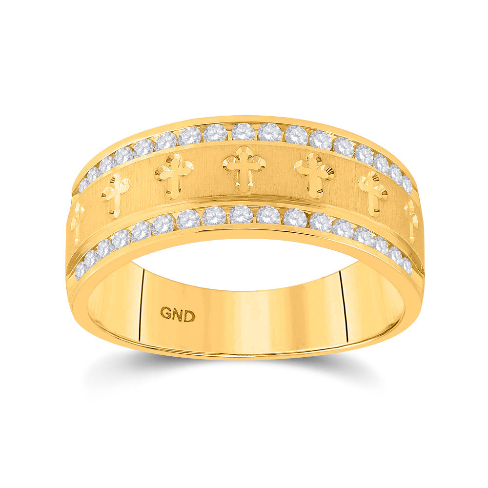 14kt Yellow Gold Mens Round Channel-set Diamond Cross Wedding Band Ring 1/2 Cttw