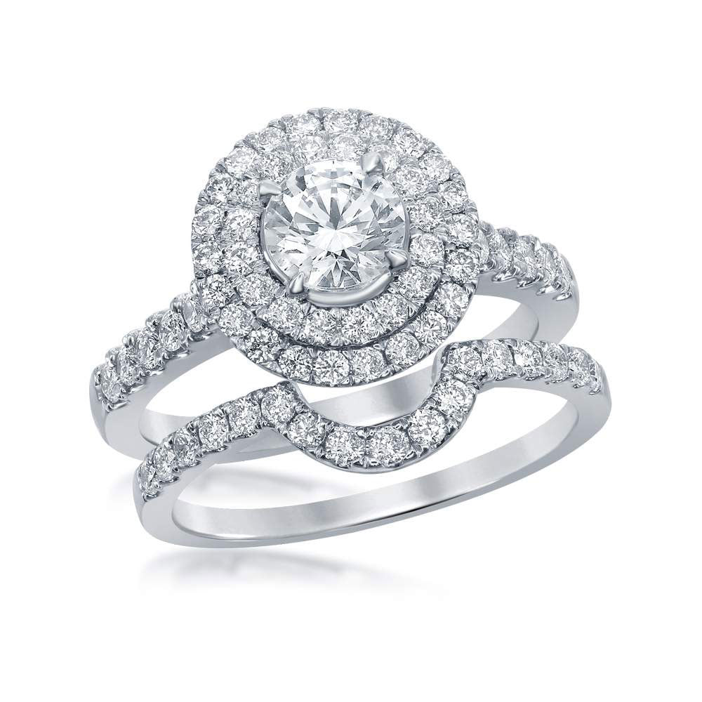 14k White Gold Round Diamond Double Halo Bridal Wedding Ring Band Set 1-3/4 Cttw