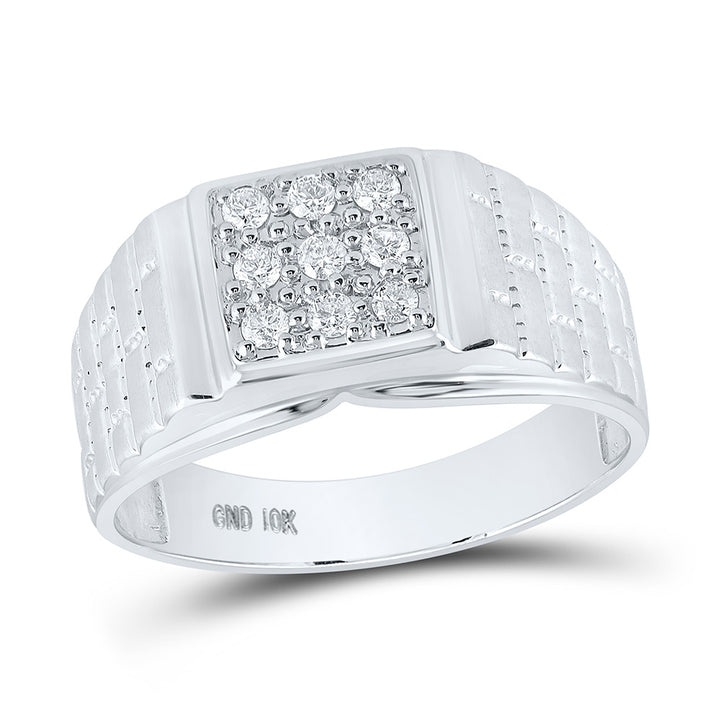 10kt White Gold Mens Round Diamond Square Cluster Brick Ring 1/4 Cttw