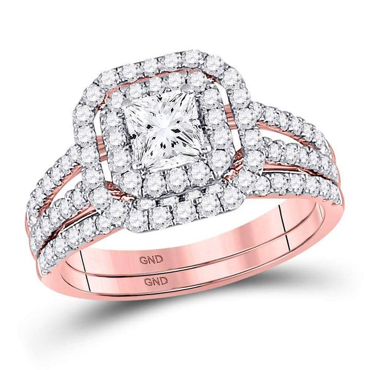 14kt Rose Gold Princess Diamond Bridal Wedding Ring Band Set 1-1/2 Cttw