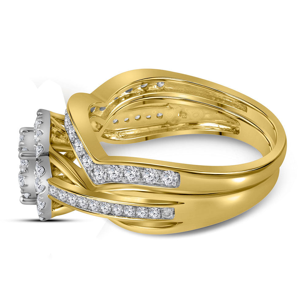 14kt Yellow Gold Round Diamond Cluster Bridal Wedding Ring Band Set 1 Cttw