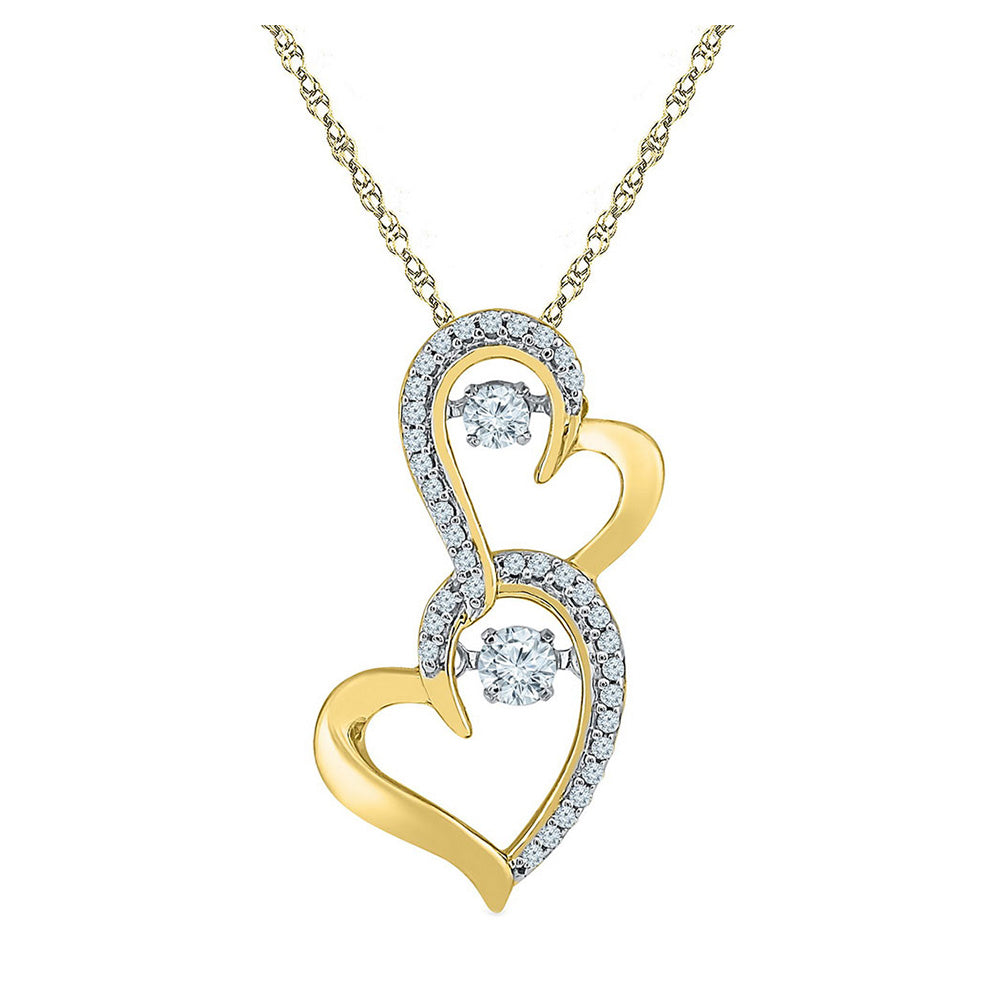 10kt Yellow Gold Womens Round Diamond Moving Twinkle Solitaire Double Heart Pendant 1/4 Cttw