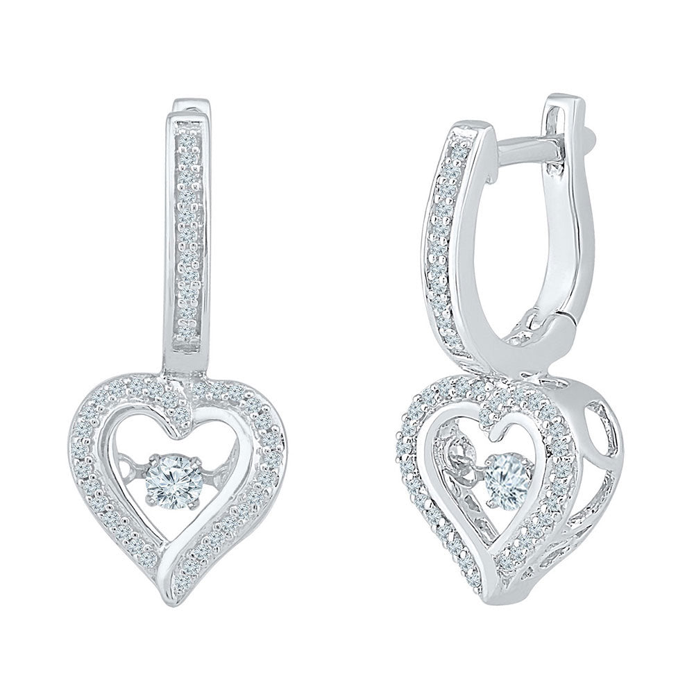 10kt White Gold Womens Round Diamond Heart Dangle Hoop Earrings 1/4 Cttw
