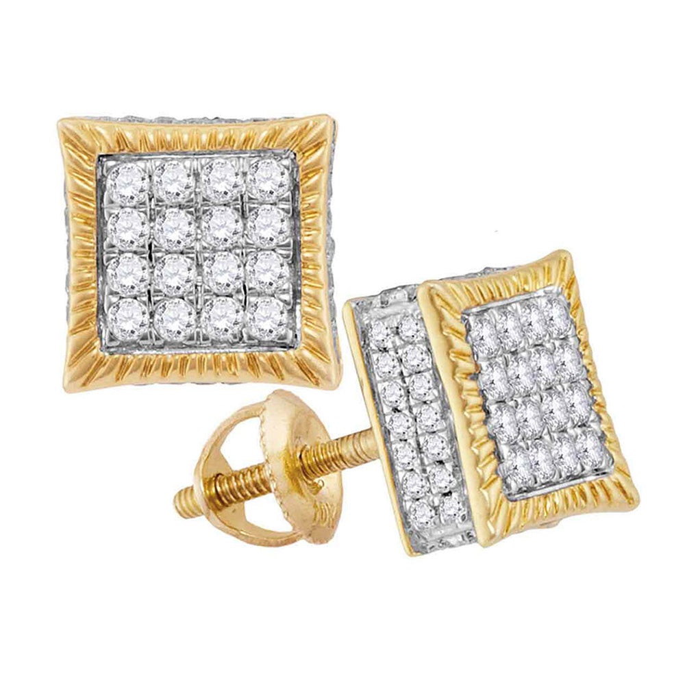 10kt Yellow Gold Mens Round Diamond Square Fluted Cluster Stud Earrings 3/4 Cttw