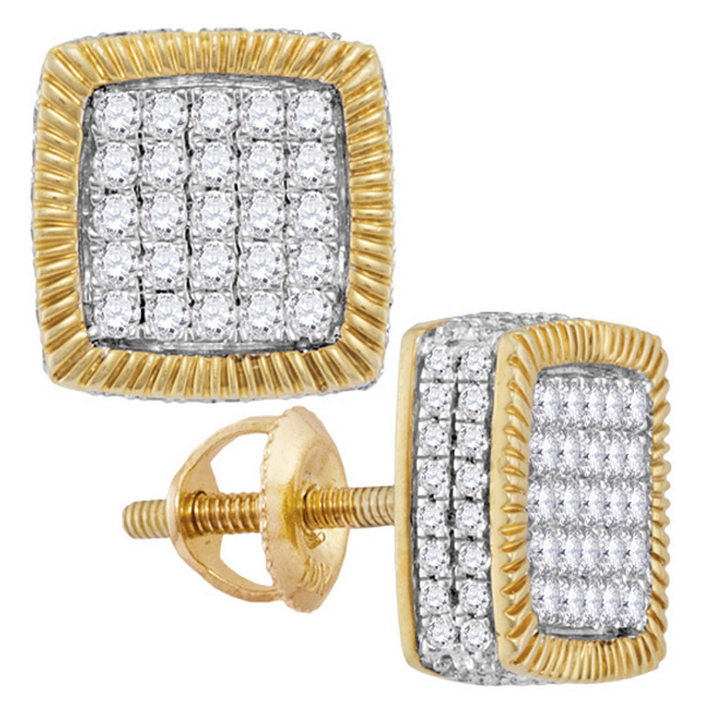 10kt Yellow Gold Mens Round Diamond Square Fluted Cluster Earrings 7/8 Cttw