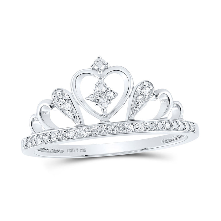 Sterling Silver Womens Round Diamond Crown Tiara Heart Ring 1/6 Cttw