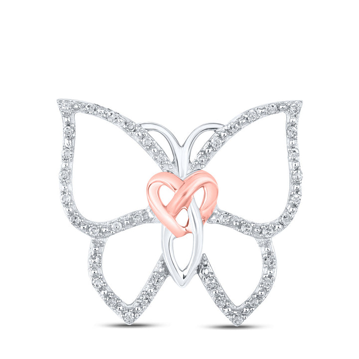 Sterling Silver Womens Round Diamond Butterfly Bug Heart Pendant 1/10 Cttw