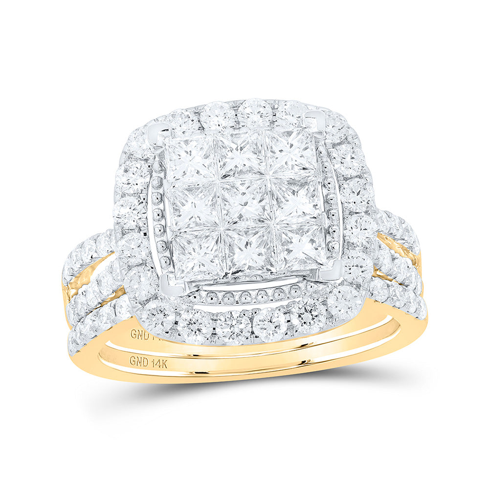 14kt Yellow Gold Princess Diamond Halo Bridal Wedding Ring Band Set 1-3/4 Cttw