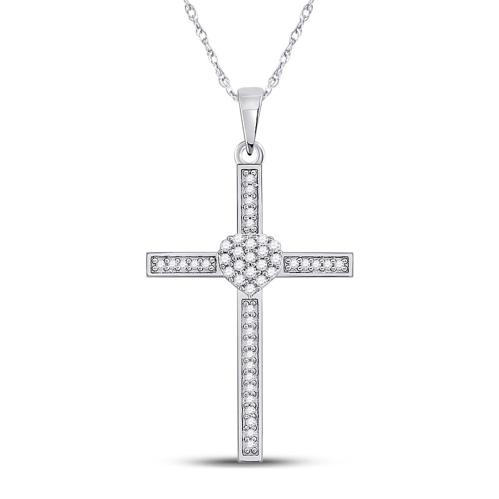 10kt White Gold Womens Round Diamond Heart Cross Pendant 1/5 Cttw