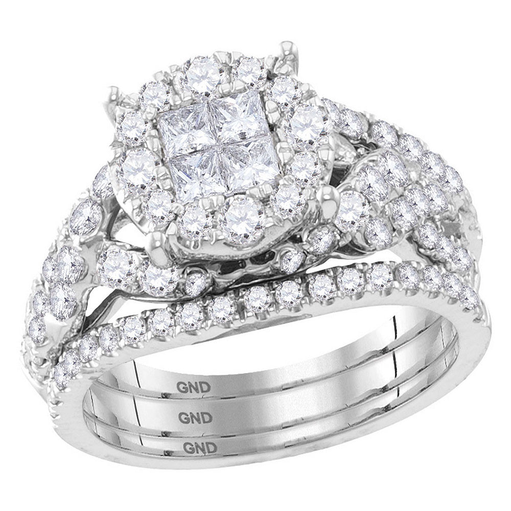 14kt White Gold Princess Round Diamond Bridal Wedding Ring Band Set 2 Cttw