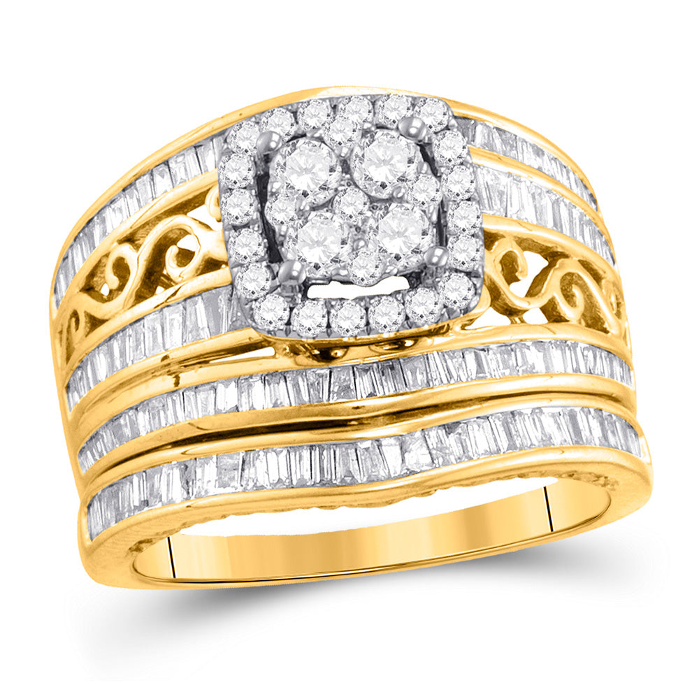 14kt Yellow Gold Round Diamond Cluster Bridal Wedding Ring Band Set 1-1/2 Cttw