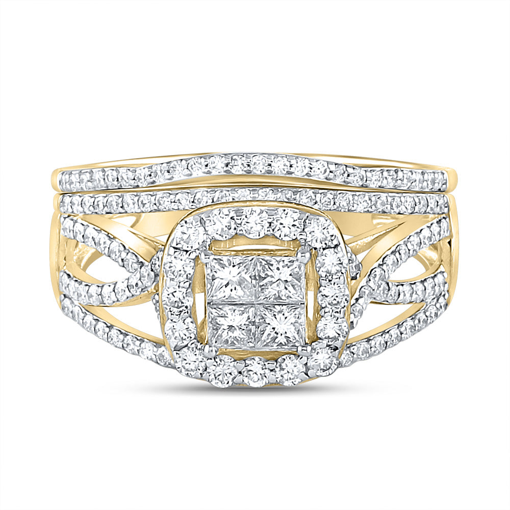 14kt Yellow Gold Princess Diamond Square Halo Bridal Wedding Ring Band Set 1 Cttw