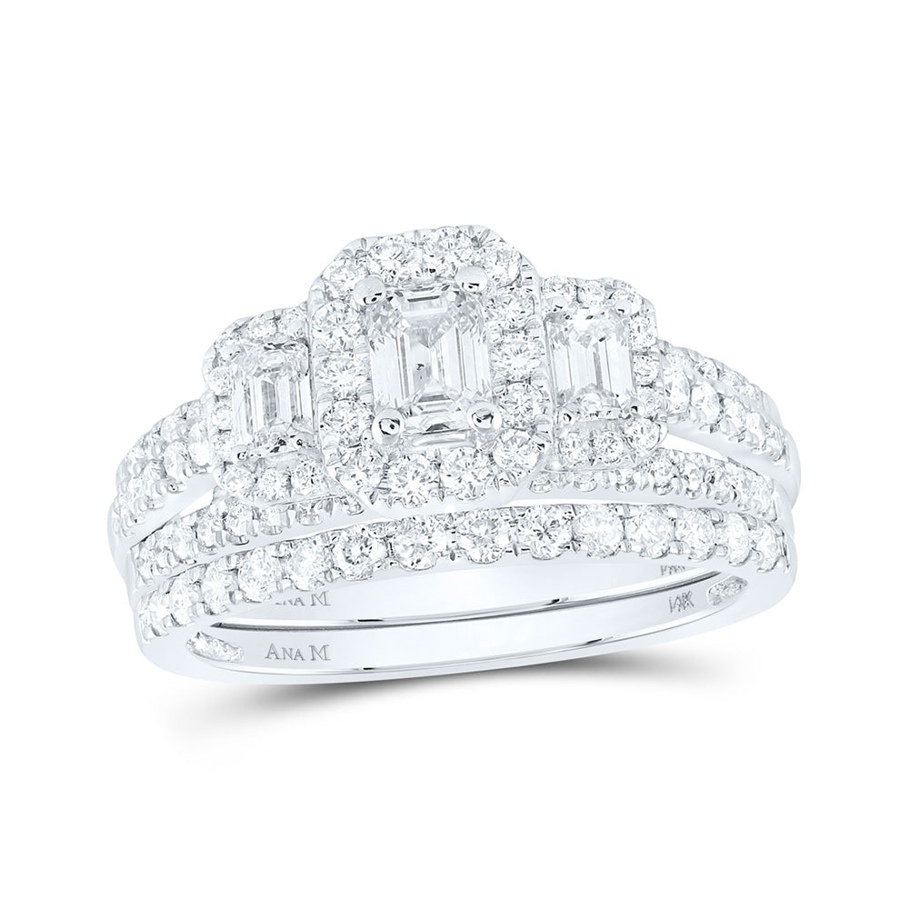 14kt White Gold Emerald Diamond 3-Stone Bridal Wedding Ring Band Set 1-1/2 Cttw