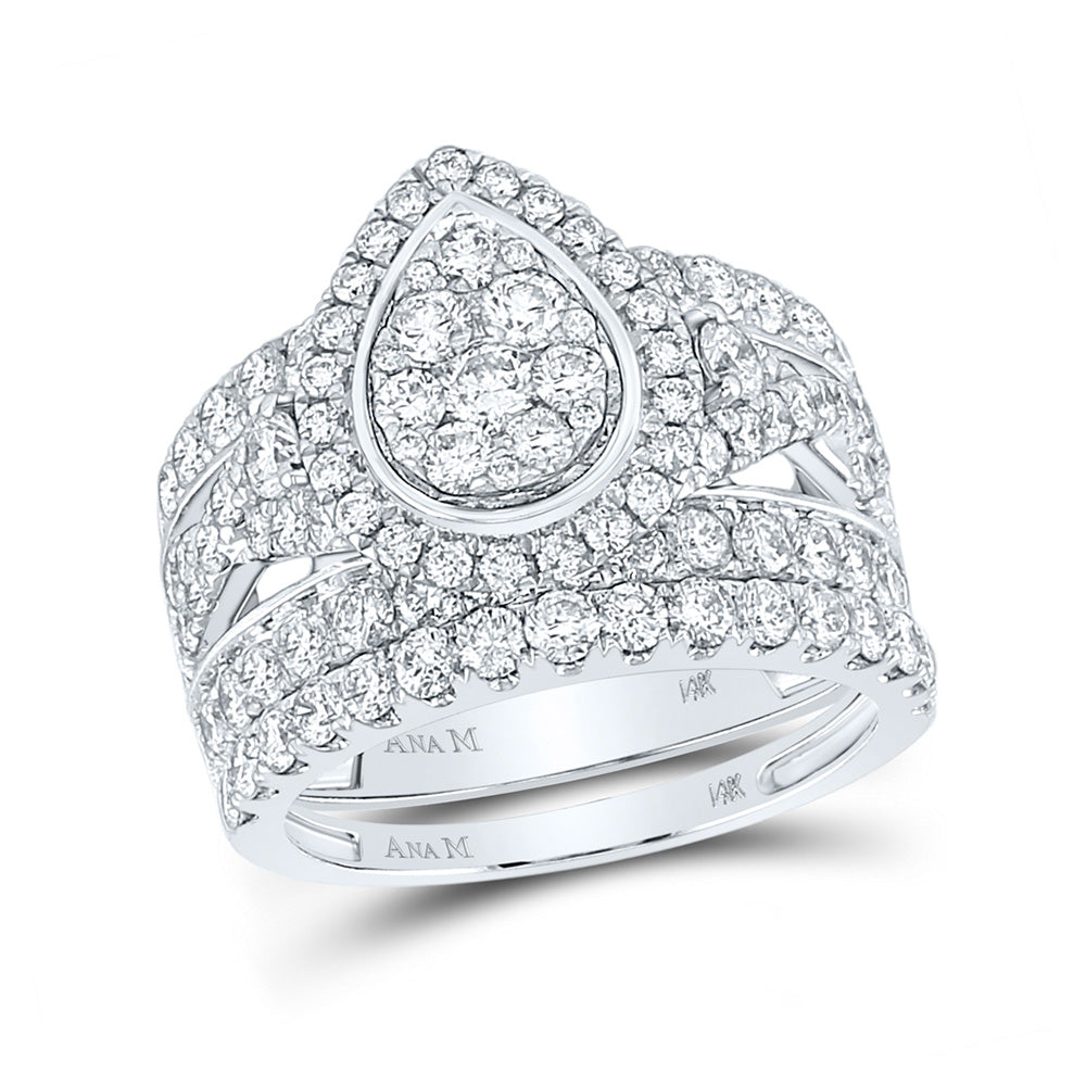14kt White Gold Round Diamond Pear Cluster Bridal Wedding Ring Band Set 3 Cttw