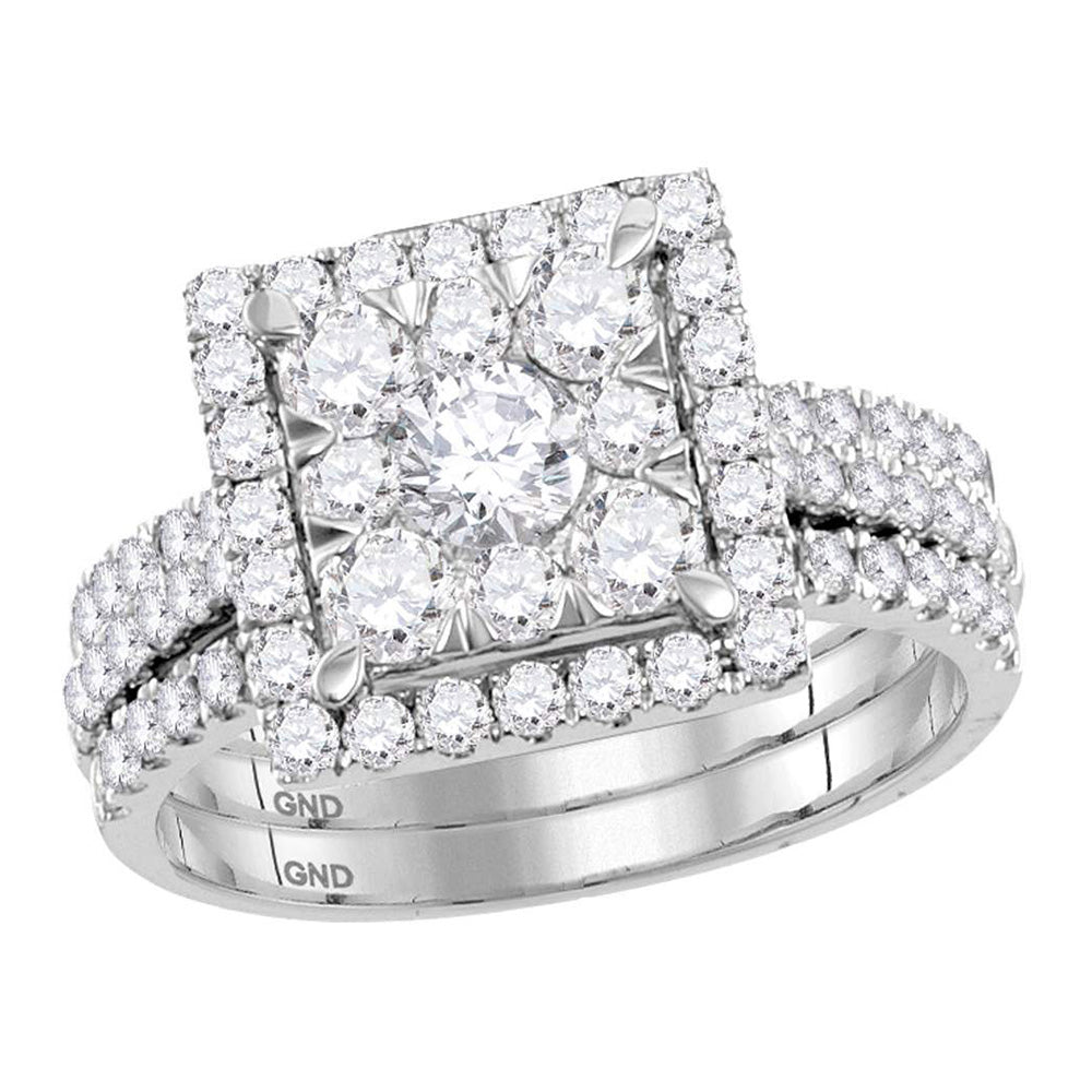 14kt White Gold Round Diamond Square Bridal Wedding Ring Band Set 2 Cttw