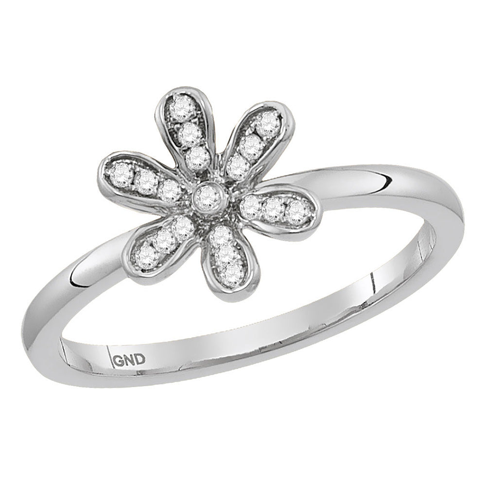 14kt White Gold Womens Round Diamond Flower Floral Stackable Band Ring 1/8 Cttw