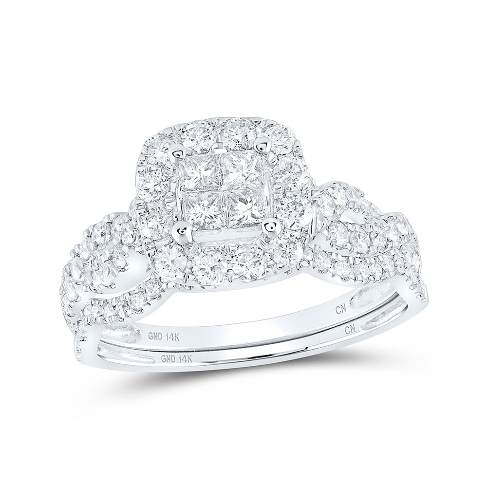 14kt White Gold Princess Diamond Square Bridal Wedding Ring Band Set 1 Cttw