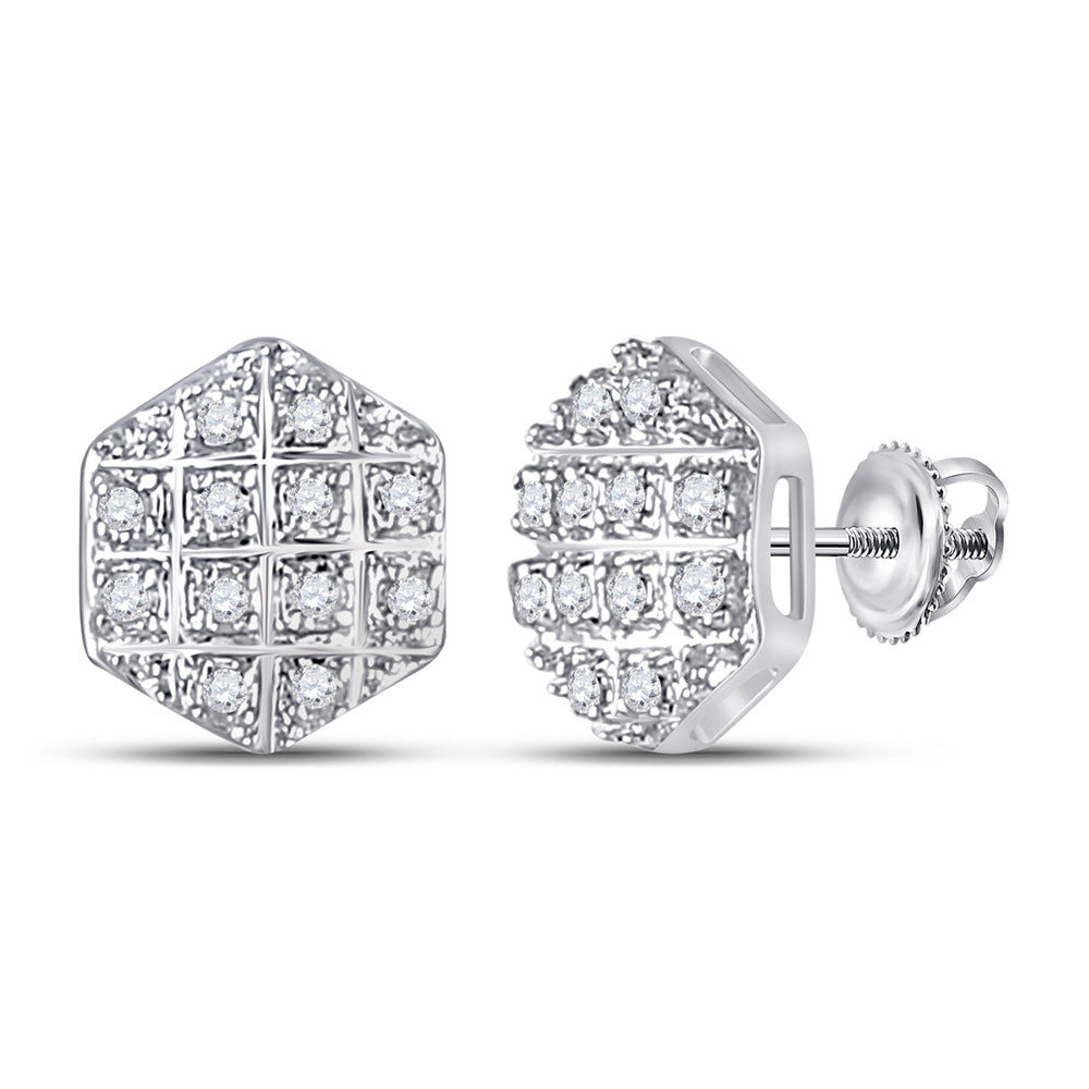 10kt White Gold Mens Round Diamond Hexagon Cluster Earrings 1/10 Cttw