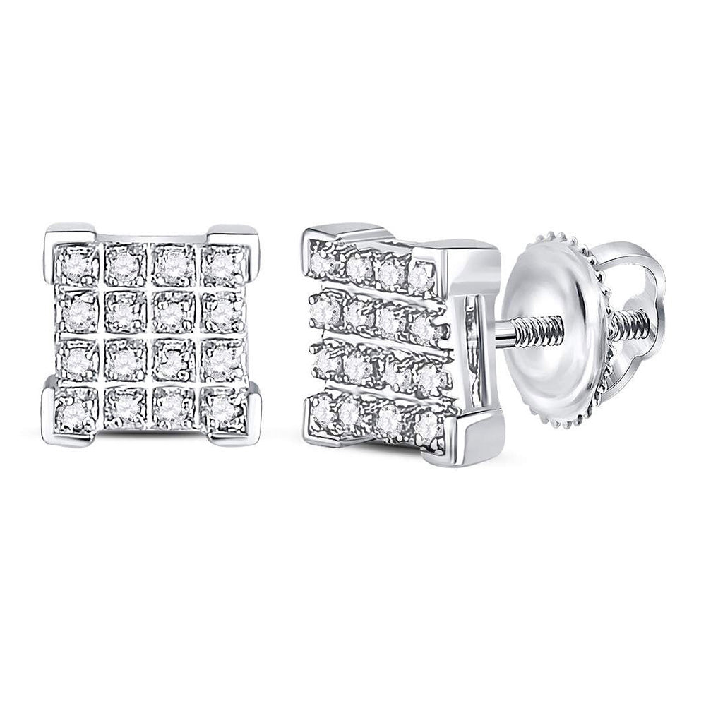 10kt White Gold Mens Round Diamond Square Cluster Earrings 1/10 Cttw