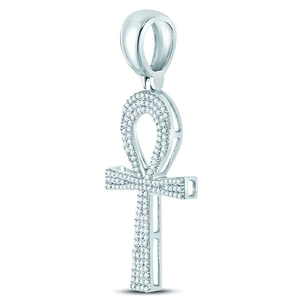 10kt White Gold Mens Round Diamond Ankh Cross Charm Pendant 1/2 Cttw