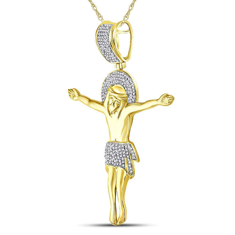 10kt Yellow Gold Mens Round Diamond Jesus Crucified Charm Pendant 1/2 Cttw