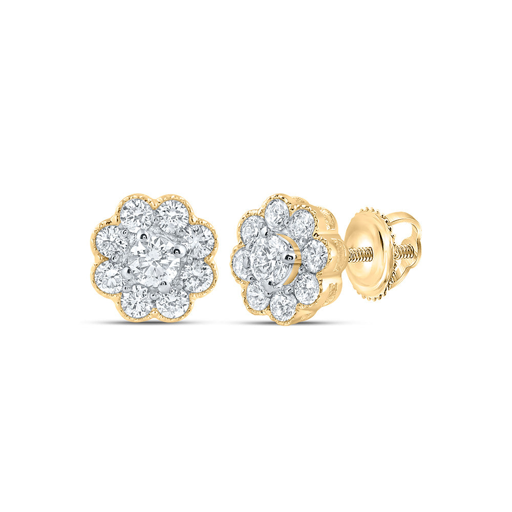 14kt Yellow Gold Womens Round Diamond Flower Cluster Earrings 3/4 Cttw